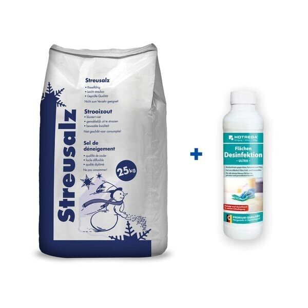 Hamann Streusalz 25 kg + HOTREGA® Flächen Desinfektion Ultra 250 ml Hamann Streusalz 25 kg + HOTREGA® Flächen Desinfektion Ultra 250 ml