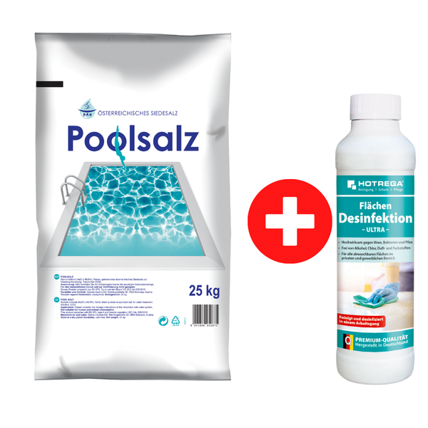 Salinen Poolsalz 25 kg + HOTREGA® Flächen Desinfektion Ultra 250 ml